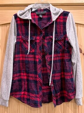 Polly & Esther Plaid Hooded Button Down Shirt Red Navy Grey XL